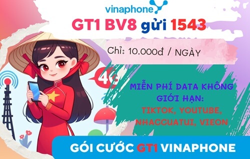 Gói cước GT1 Vinaphone: Miễn phí DATA không giới hạn TikTok, Youtube